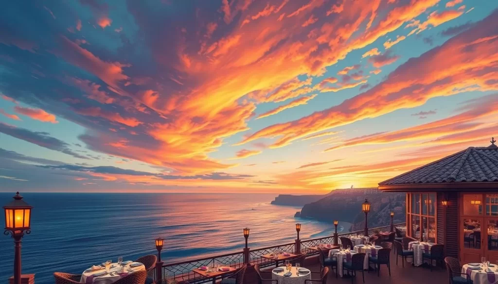 Image of Diamond Cliff Restaurant with a stunning sunset view
