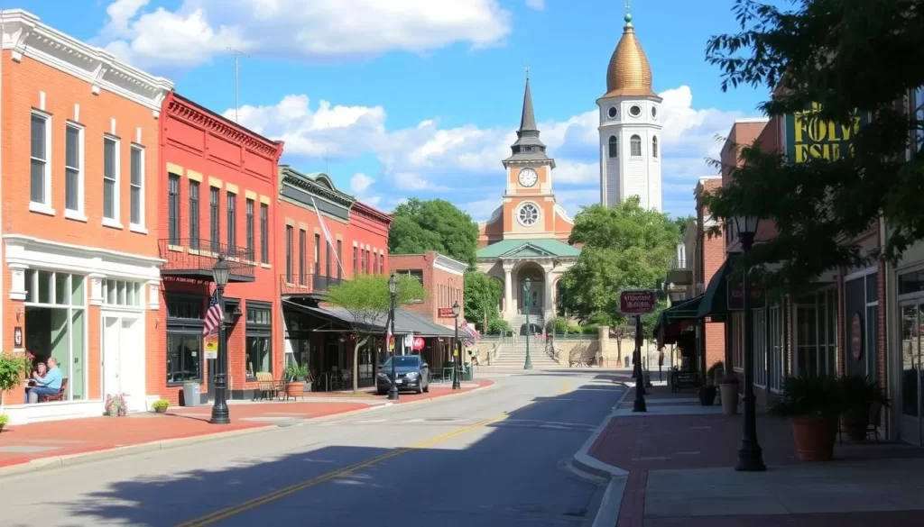 Image of Downtown Foley with historic buildings and Heritage Park in the background