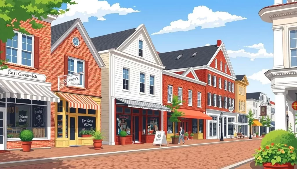 Image of East Greenwich Main Street with boutique shops and historic buildings