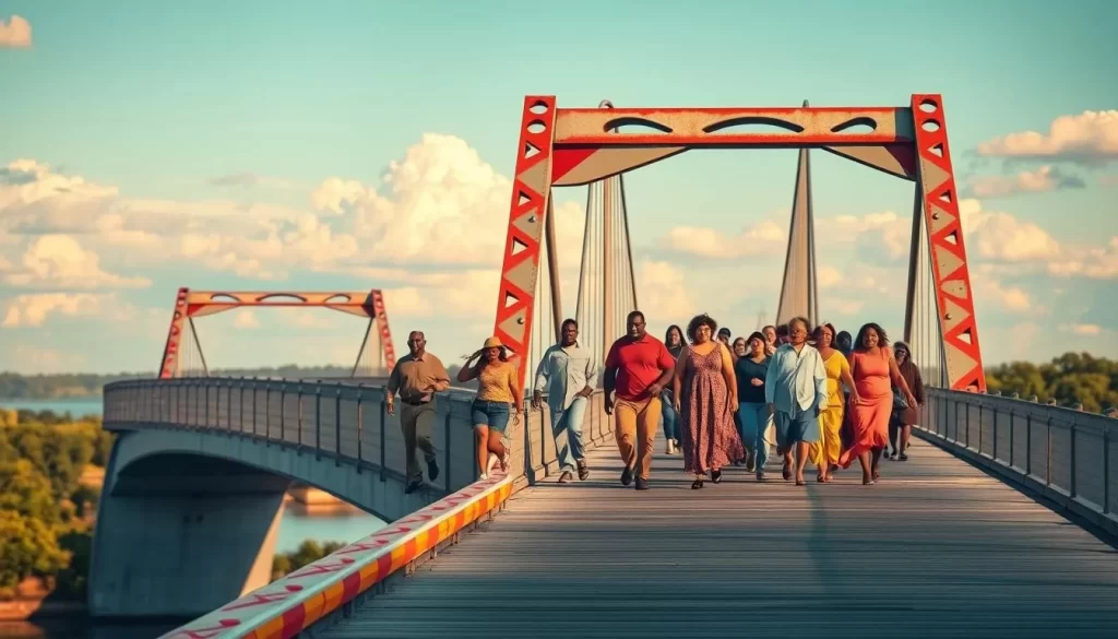 Image of Edmund Pettus Bridge with a mix of people walking across it, symbolizing unity and remembrance.