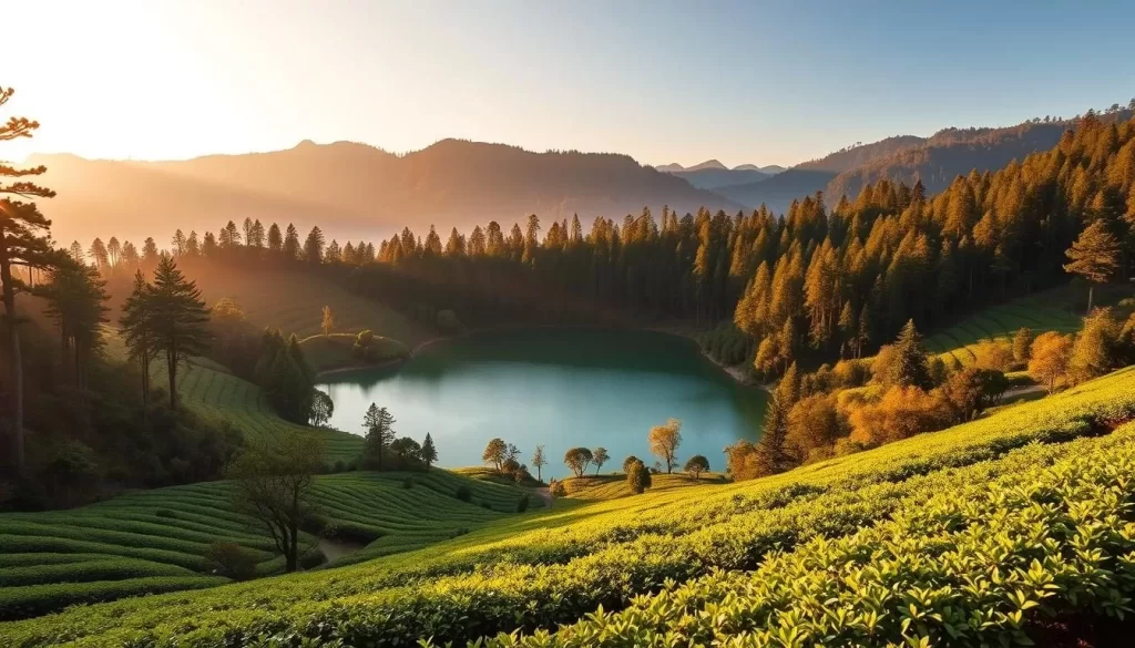 Image of Emerald Lake with tea plantations and eucalyptus forests