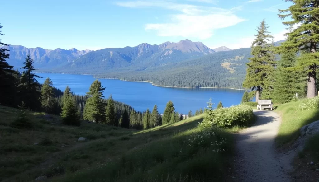 Image of Farragut State Park with a hiking trail and Lake Pend Oreille in the background