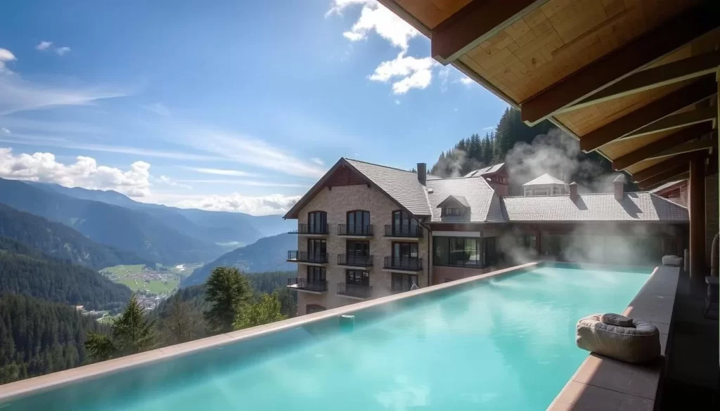 Image of Felsentherme thermal spa in Bad Gastein with panoramic views of the surrounding mountains.
