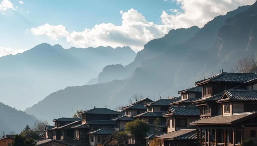 Image of Fenqihu village with its traditional architecture and scenic mountain backdrop