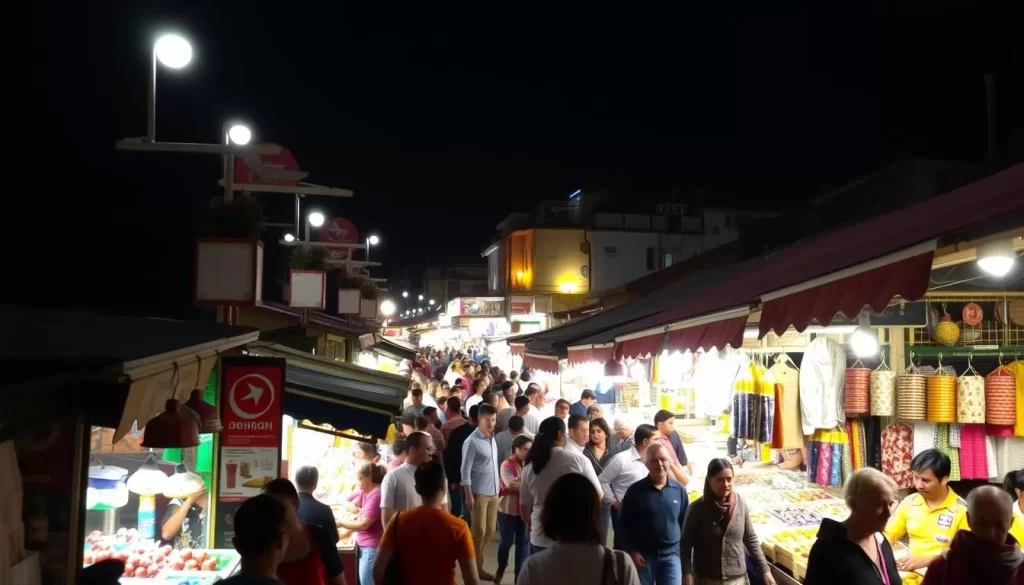 Image of Fethiye Bazaar at night with vibrant stalls and shoppers