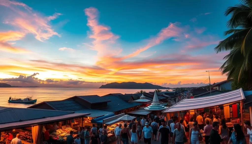 Image of Fisherman's Village Bophut Koh Samui at sunset with the walking street market in full swing
