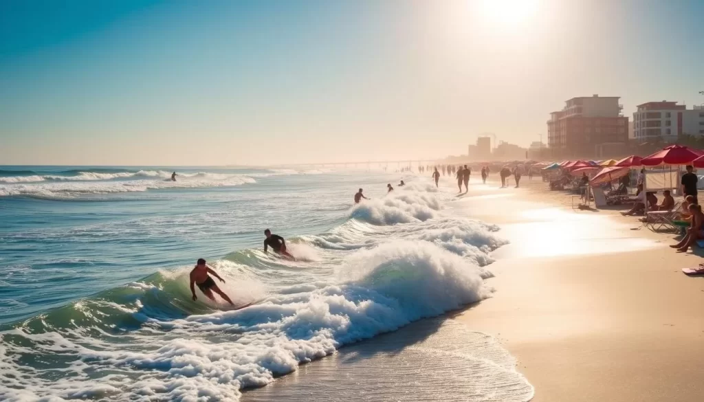 Image of Folly Beach with surfers and a vibrant atmosphere