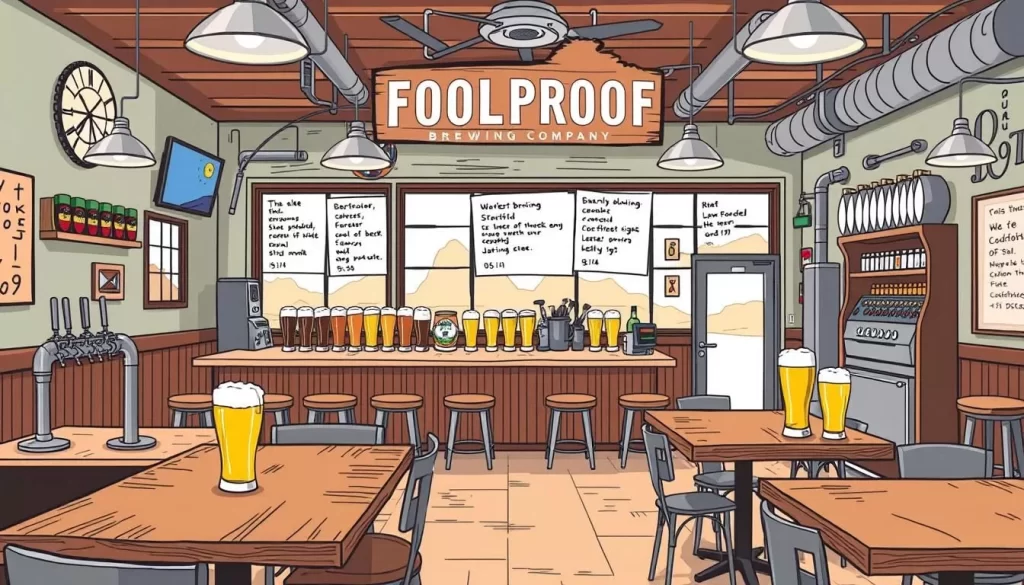 Image of Foolproof Brewing Company's tasting room with a variety of their beers on tap