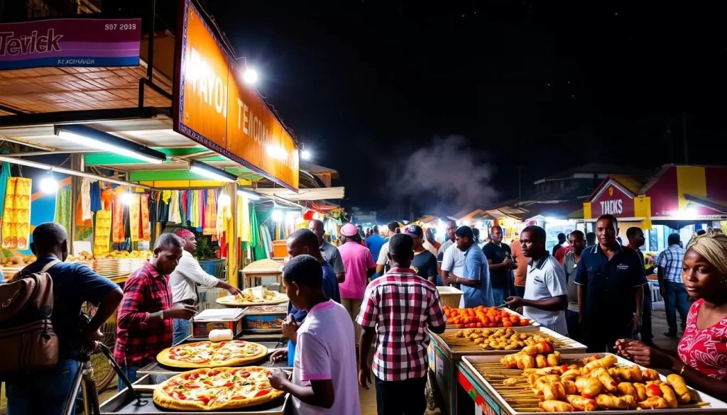 Image of Forodhani Gardens night market with vibrant street food stalls and locals enjoying Zanzibar pizza and seafood skewers.
