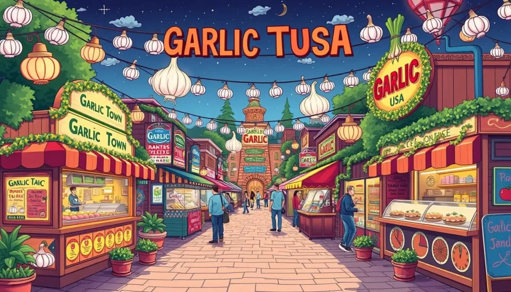 Image of Garlic Town USA with garlic-themed decorations and food vendors