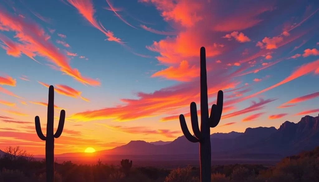 Image of Gates Pass during a vibrant sunset with saguaro cacti silhouetted against the Avra Valley