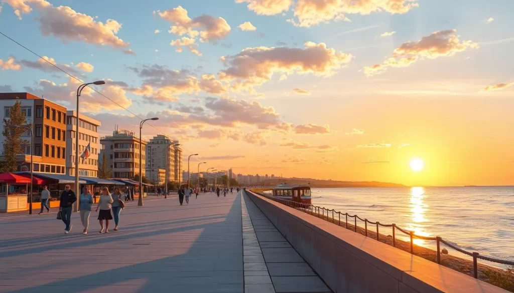 Image of Gdynia's Seaside Boulevard during sunset with people strolling and enjoying the views.