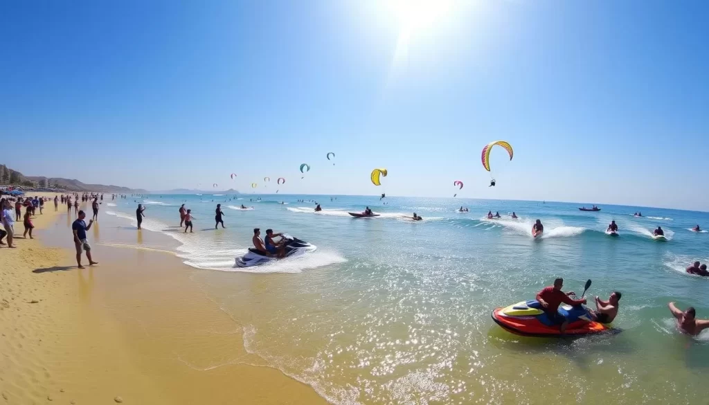 Image of Ghoghla Beach with people enjoying water sports