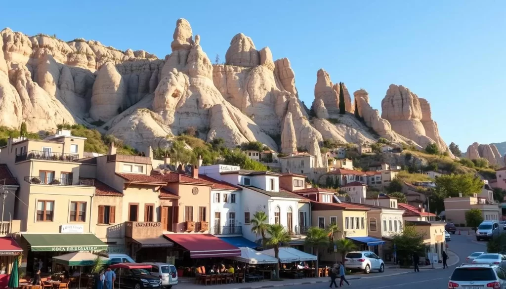 Image of Göreme town with hotels and restaurants