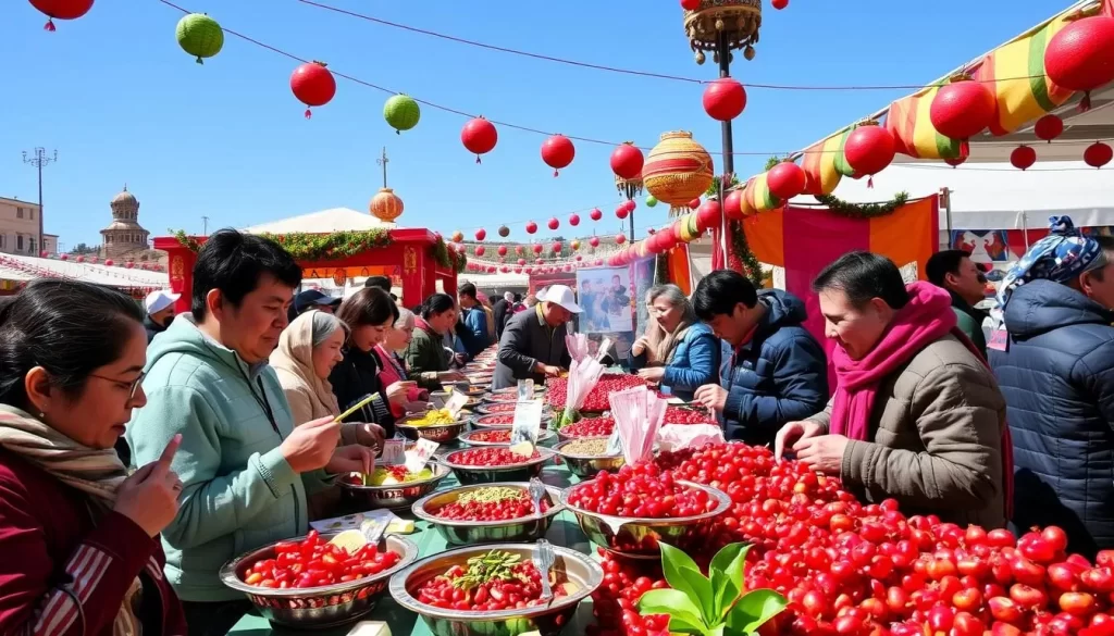 Image of Goychay Pomegranate Festival scene with people enjoying pomegranate dishes and festivities