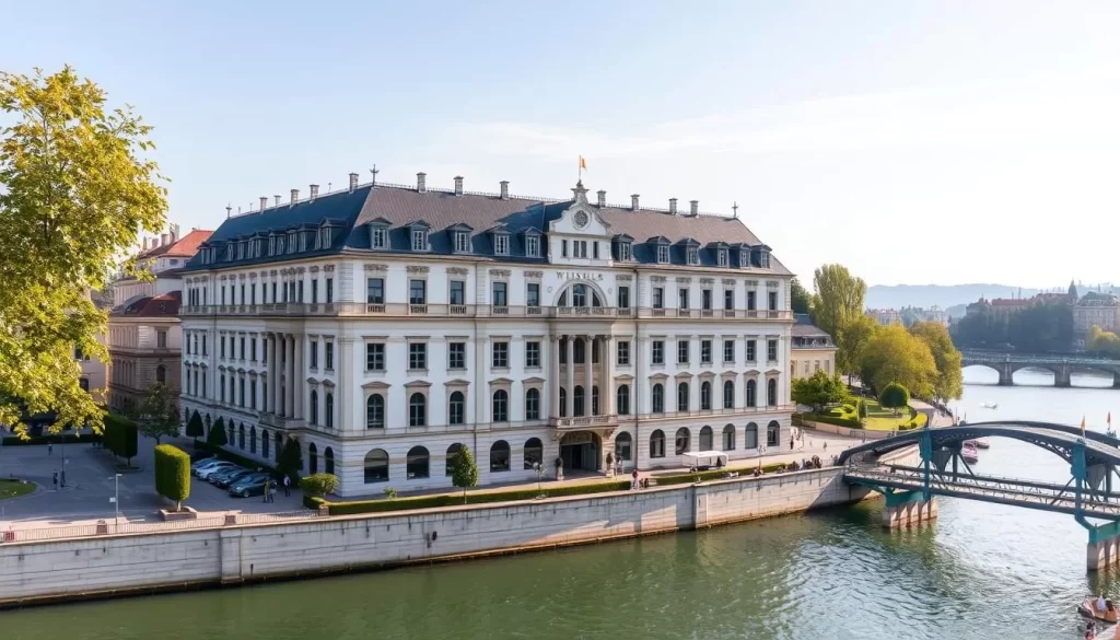 Image of Grand Hotel Wiesler in Graz, Austria, showcasing its elegant facade and river views