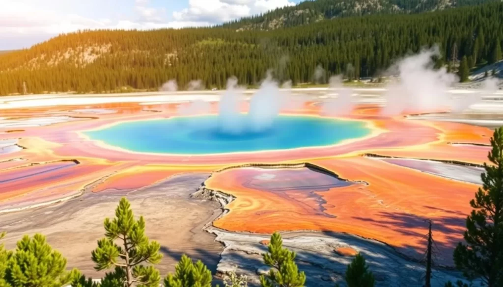 Image of Grand Prismatic Spring with vibrant colors and surrounding landscape