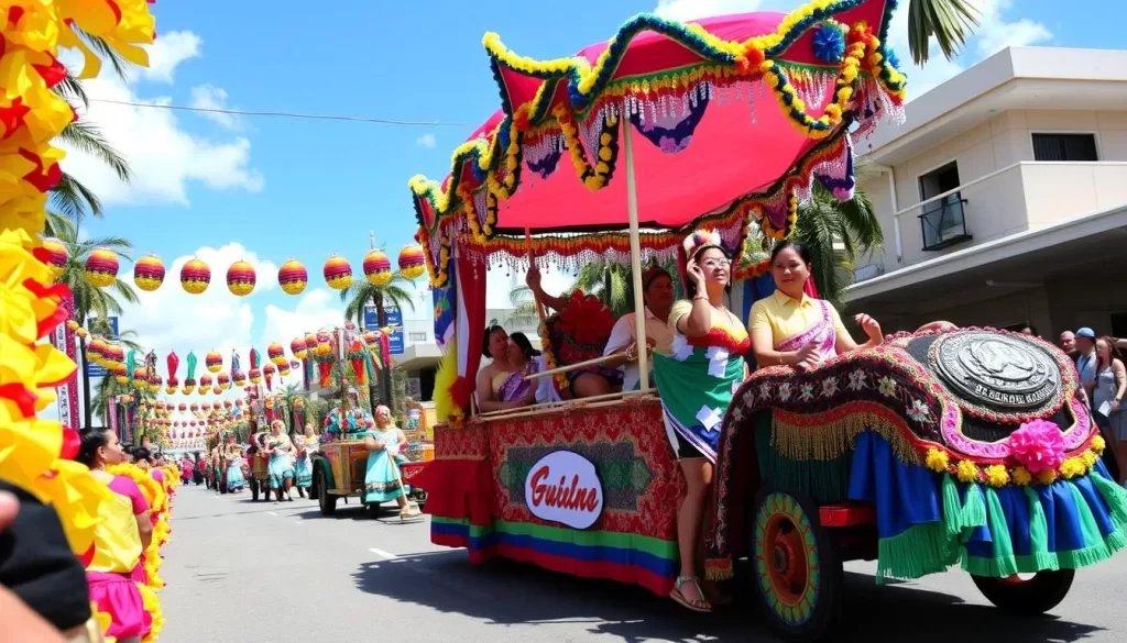 Image of Guam Liberation Day parade with colorful floats and traditional dance performances