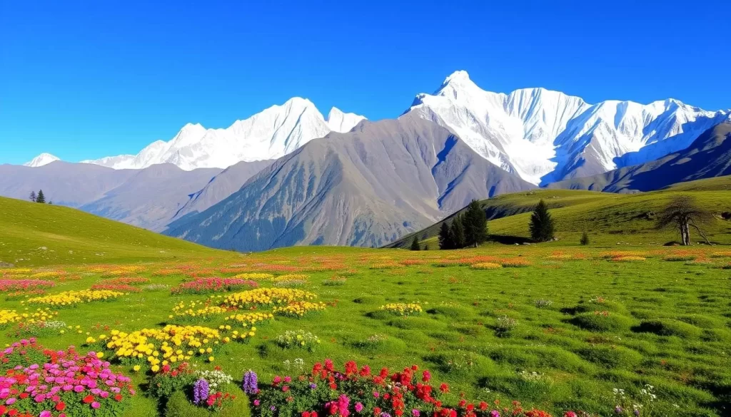 Image of Gurso Bugyal and Kwani Bugyal alpine meadows with the Himalayan mountains in the background