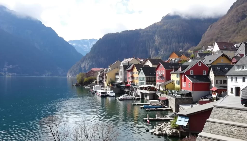 Image of Hallstatt village with colorful houses and Lake Hallstatt
