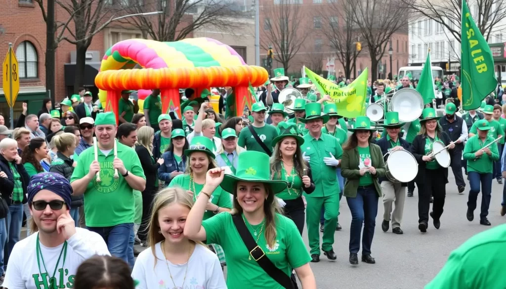 Image of Hal's St. Paddy's Day Parade in Jackson with people dressed in green and enjoying the floats and marching bands.