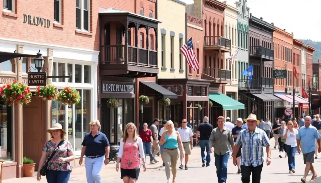 Image of Historic Main Street in Deadwood, South Dakota, with people walking and enjoying the old-west atmosphere