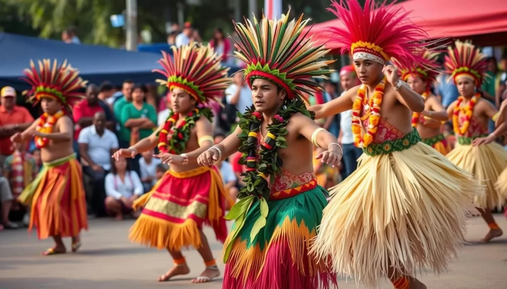 Image of Hura Tapairu dance competition with performers in traditional Polynesian attire