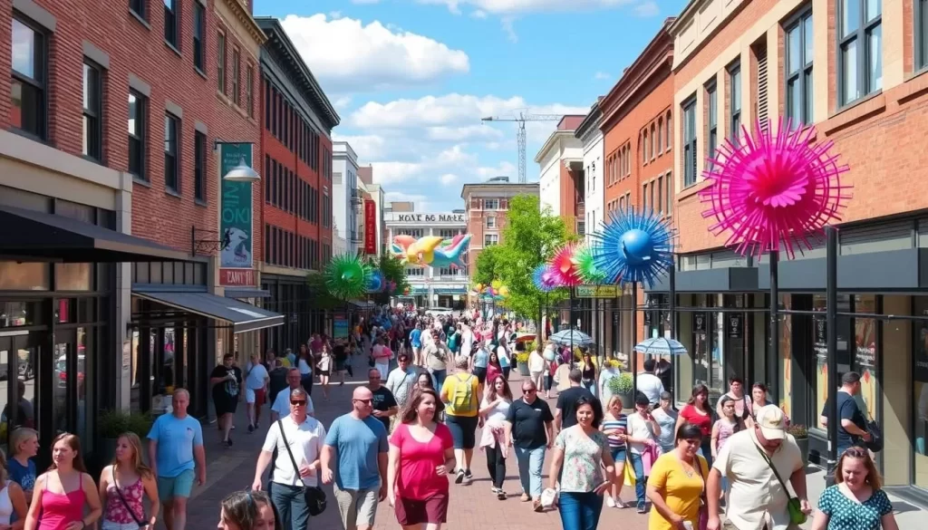 Image of Iowa City Pedestrian Mall with vibrant public art and lively atmosphere