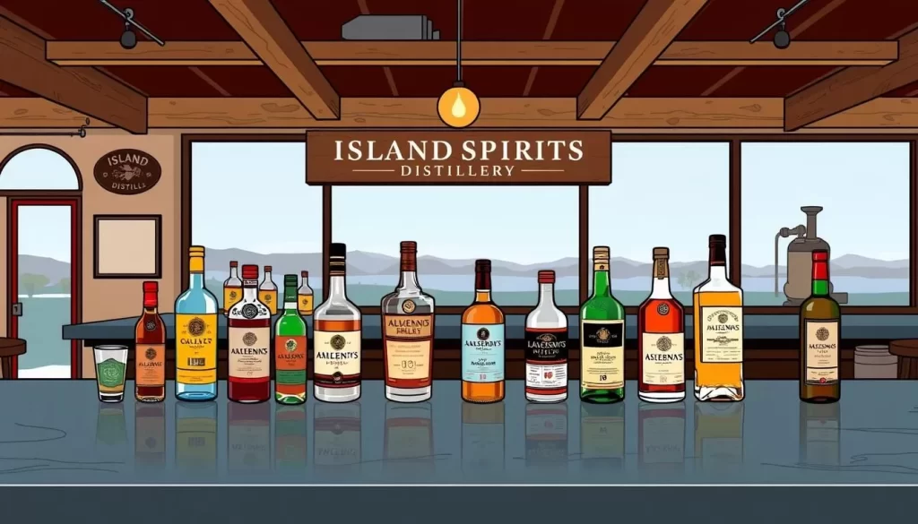 Image of Island Spirits Distillery's tasting room with a selection of their craft spirits