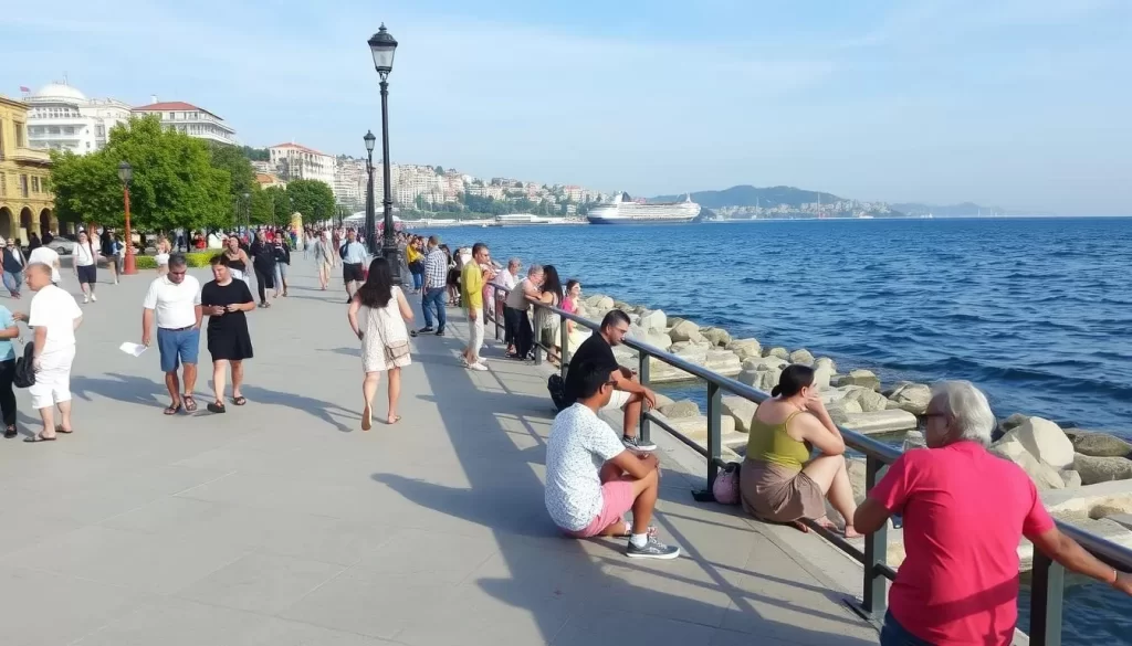 Image of Izmir's waterfront promenade with locals socializing and enjoying the view.