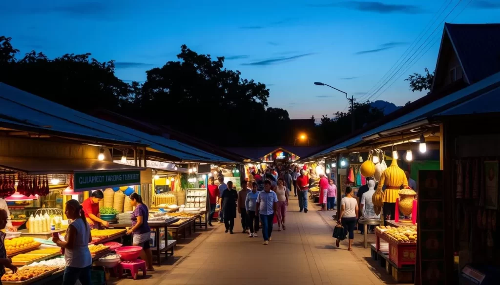 Image of Kad Kongta Night Market Lampang at dusk with vibrant street food stalls and local crafts