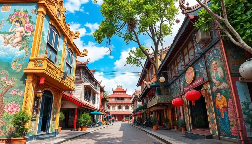 Image of Kampung Cina street with colorful murals and traditional Chinese architecture