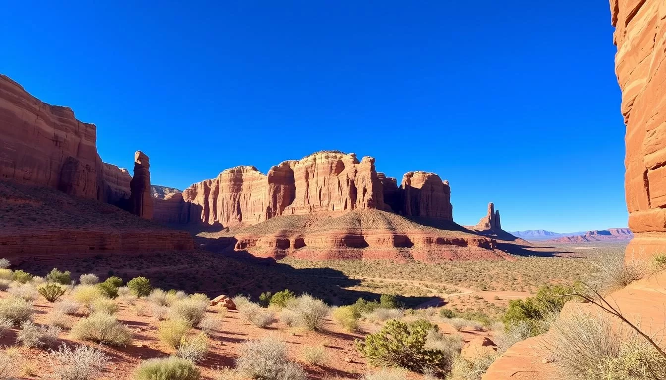Image of Kanab, Utah, with red rock formations and a clear blue sky