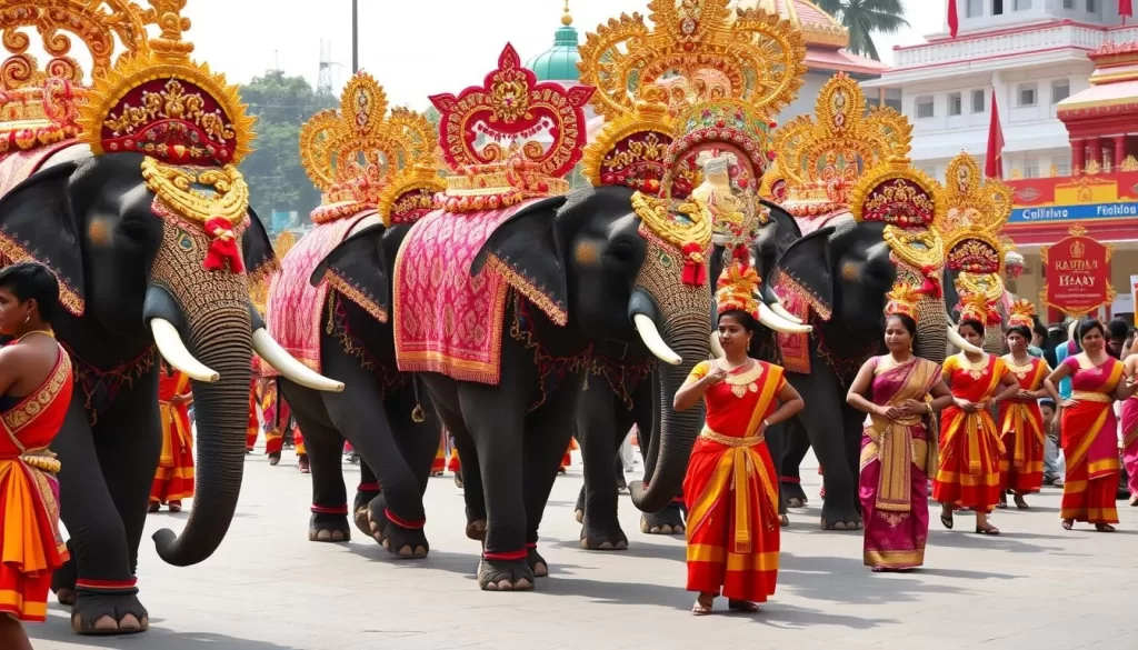 Image of Kandy Esala Perahera festival procession with decorated elephants and traditional dancers