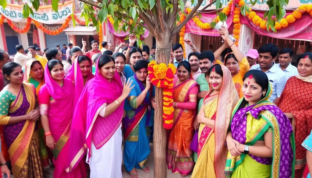 Image of Karma Festival celebration in Jharkhand, India, with people gathered around the Karam Tree branch