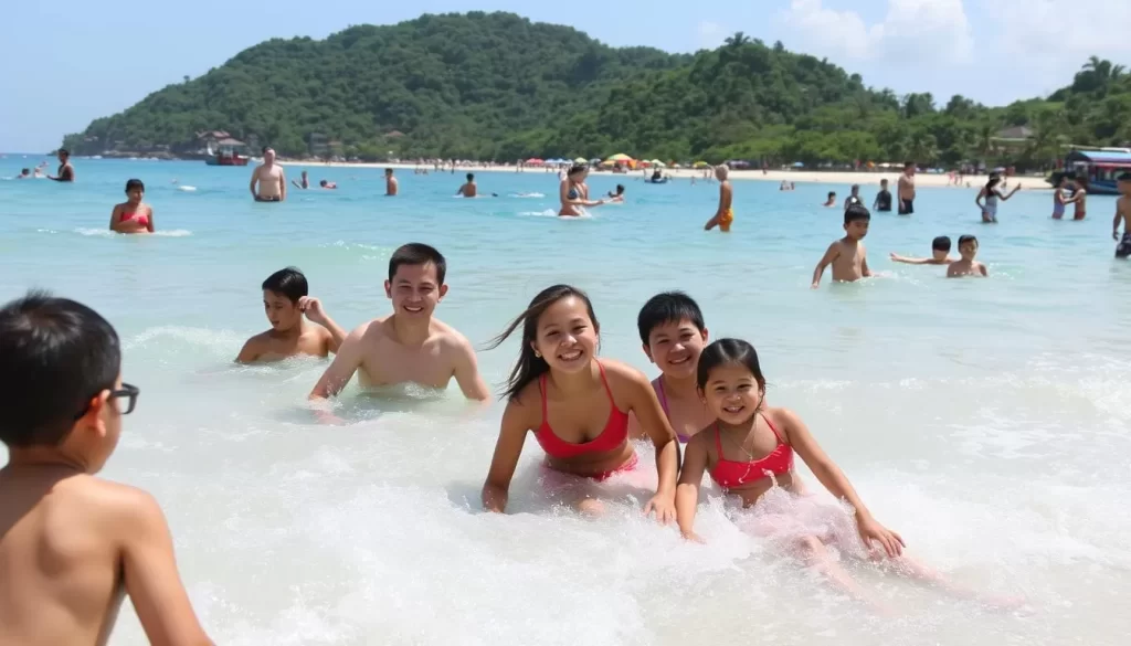 Image of Kata Beach with families enjoying the water