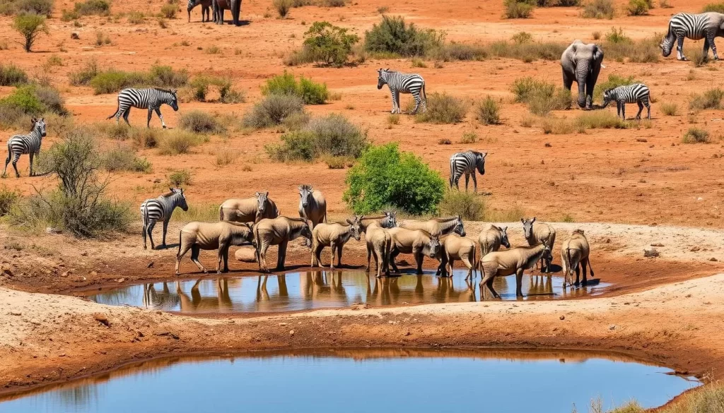 Image of Katavi National Park during the dry season with animals gathered around a water source