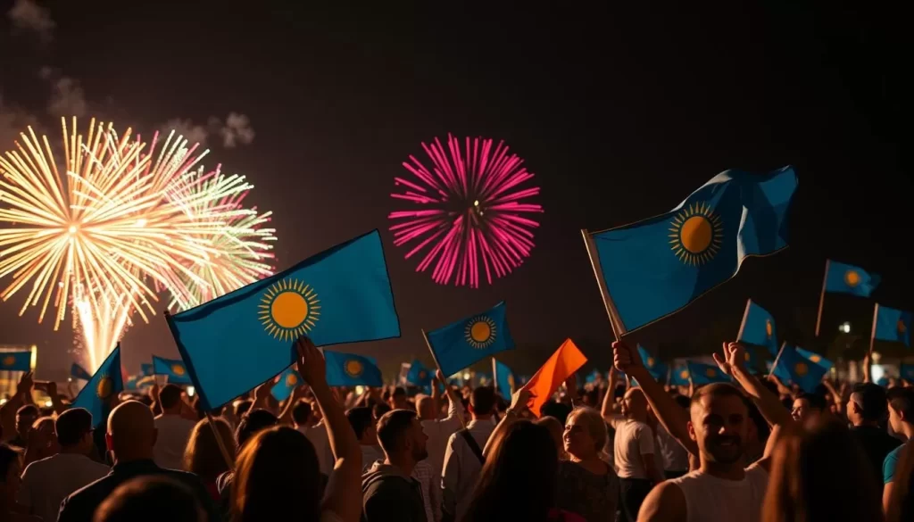 Image of Kazakhstan's Independence Day celebrations with people gathered, flags waving, and fireworks in the background.
