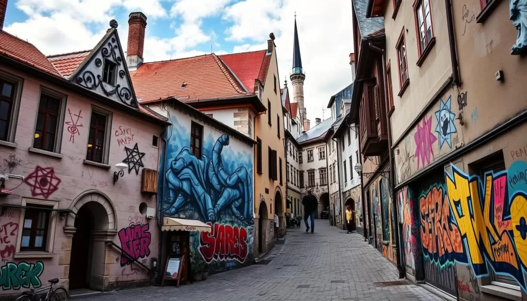 Image of Kazimierz district with a mix of old synagogues and modern street art