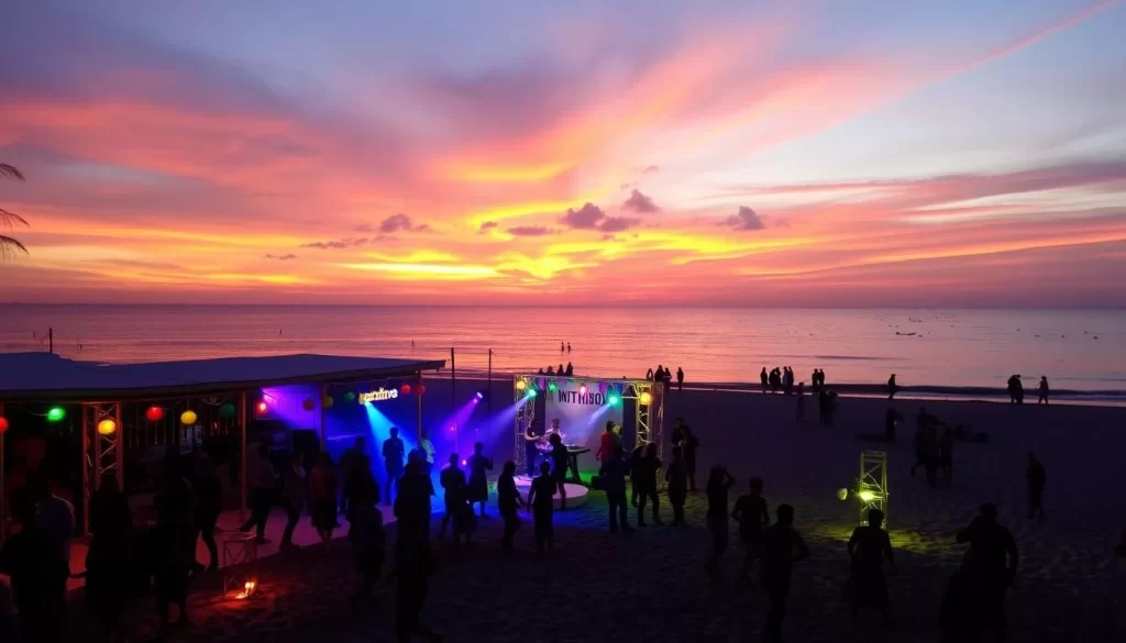 Image of Kendwa Beach during sunset with beach party setup