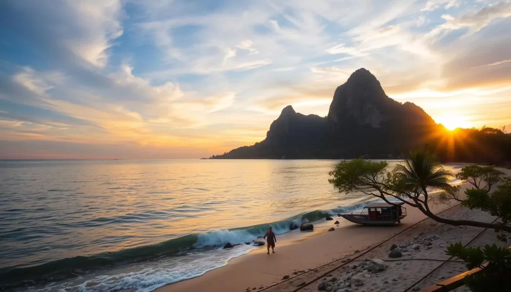 Image of Khao Kalok Beach with Skull Mountain in the background