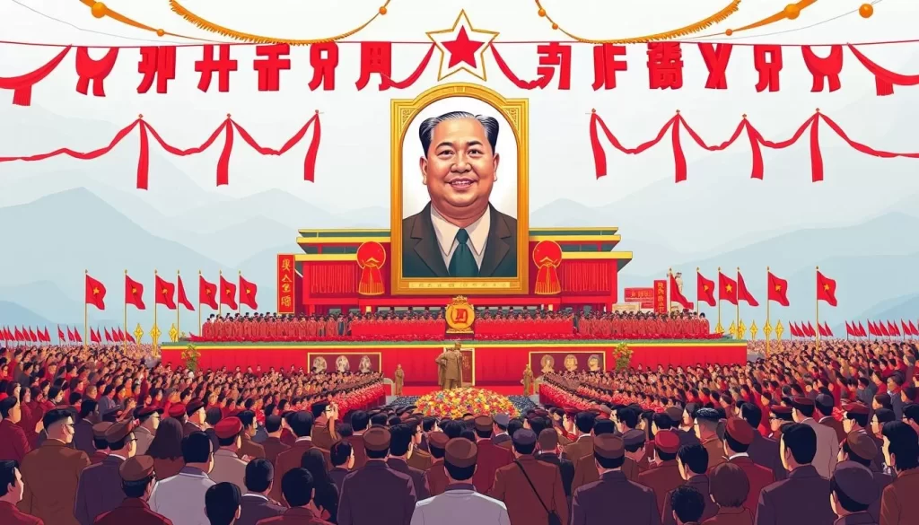 Image of Kim Il Sung's birthday celebration in North Korea, with people gathered around a large portrait of Kim Il Sung.