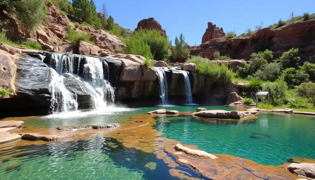 Image of Kirkham Hot Springs with cascading pools and a hot waterfall