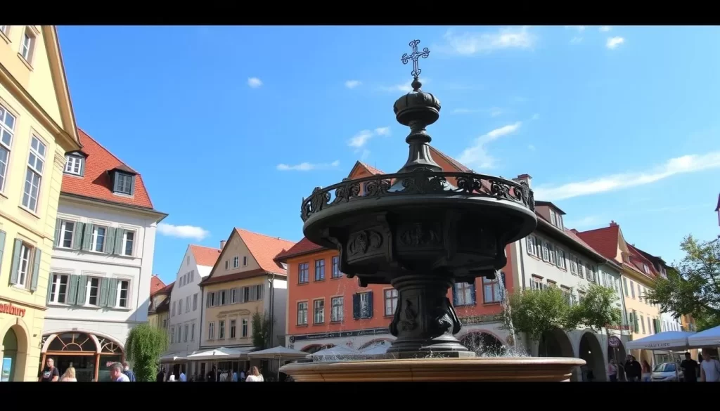 Image of Klagenfurt's old town with the Lindwurm fountain