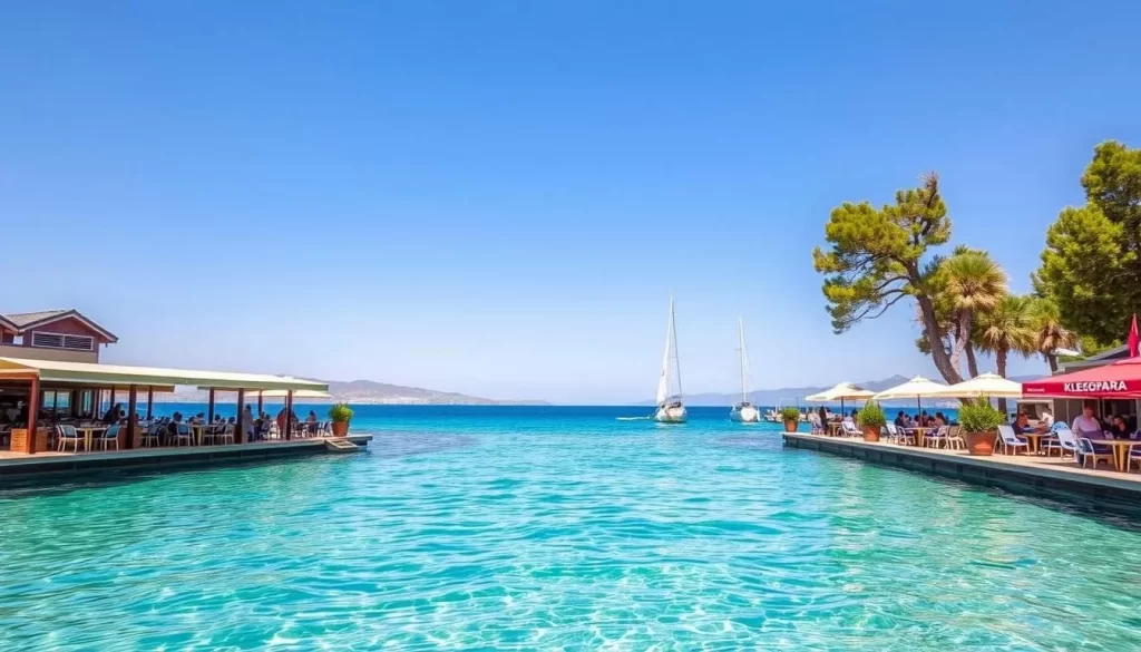Image of Kleopatra Beach with its clear waters and beachside restaurants