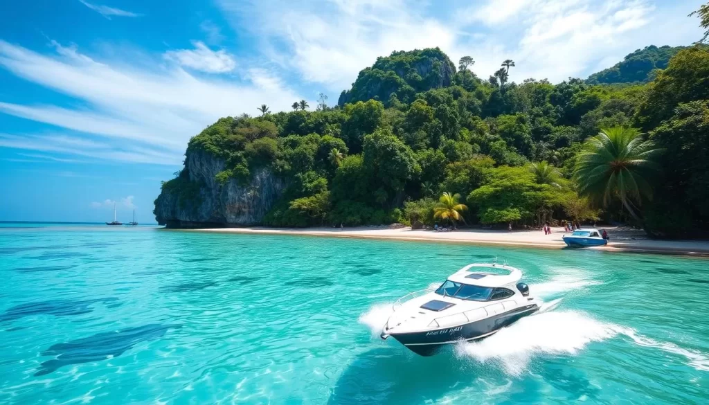 Image of Koh Larn beach with crystal-clear waters and a speedboat approaching the shore
