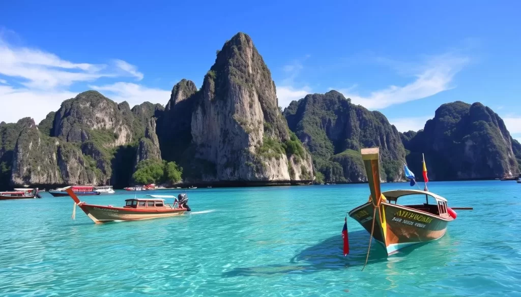 Image of Koh Phi Phi island with limestone cliffs and boats