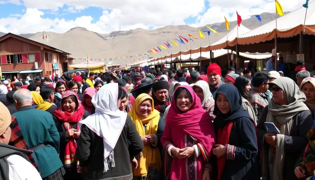Image of Ladarcha Fair in Kaza, Spiti, with people from different cultures gathering and celebrating together.