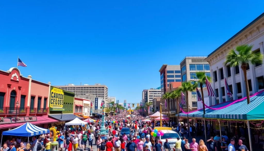 Image of Lake Charles cityscape during a vibrant festival