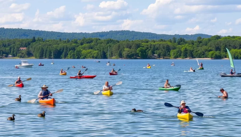 Image of Lake Guntersville with diverse wildlife and water activities Image of Lake Guntersville with diverse wildlife and water activities